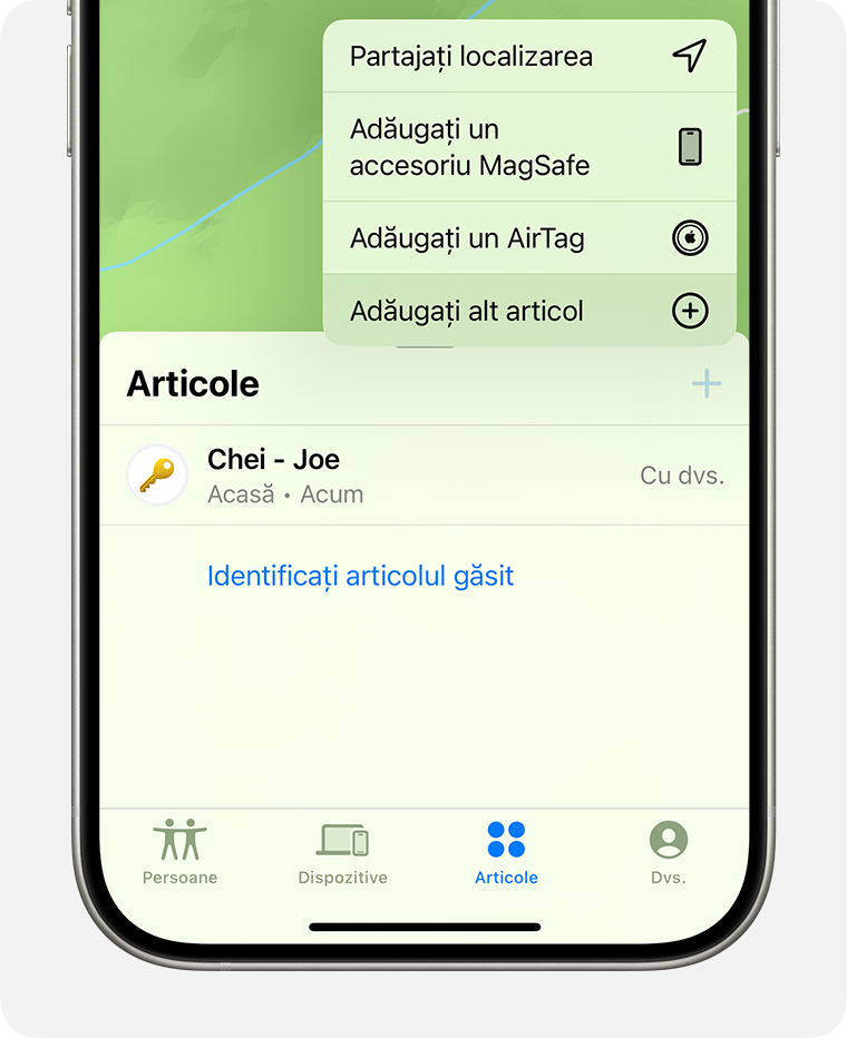 În aplicația Găsire, atinge Adăugați alt articol pentru a adăuga un accesoriu terț din rețeaua Găsire.