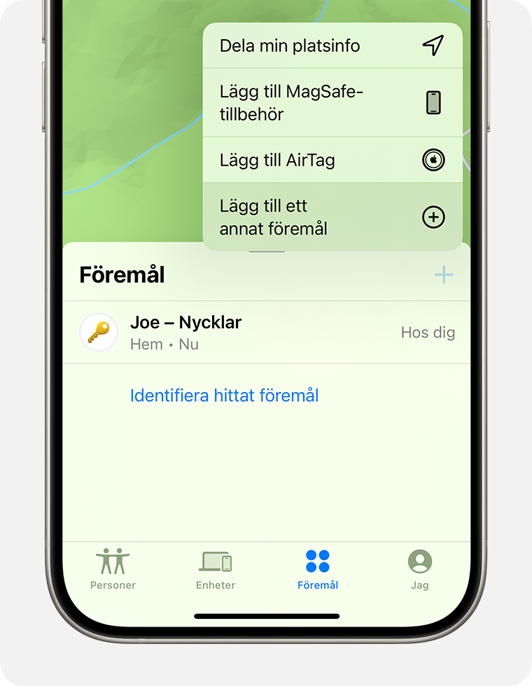 I Hitta trycker du på Lägg till annat föremål för att lägga till ett tillbehör från tredje part i Hitta-nätverket.