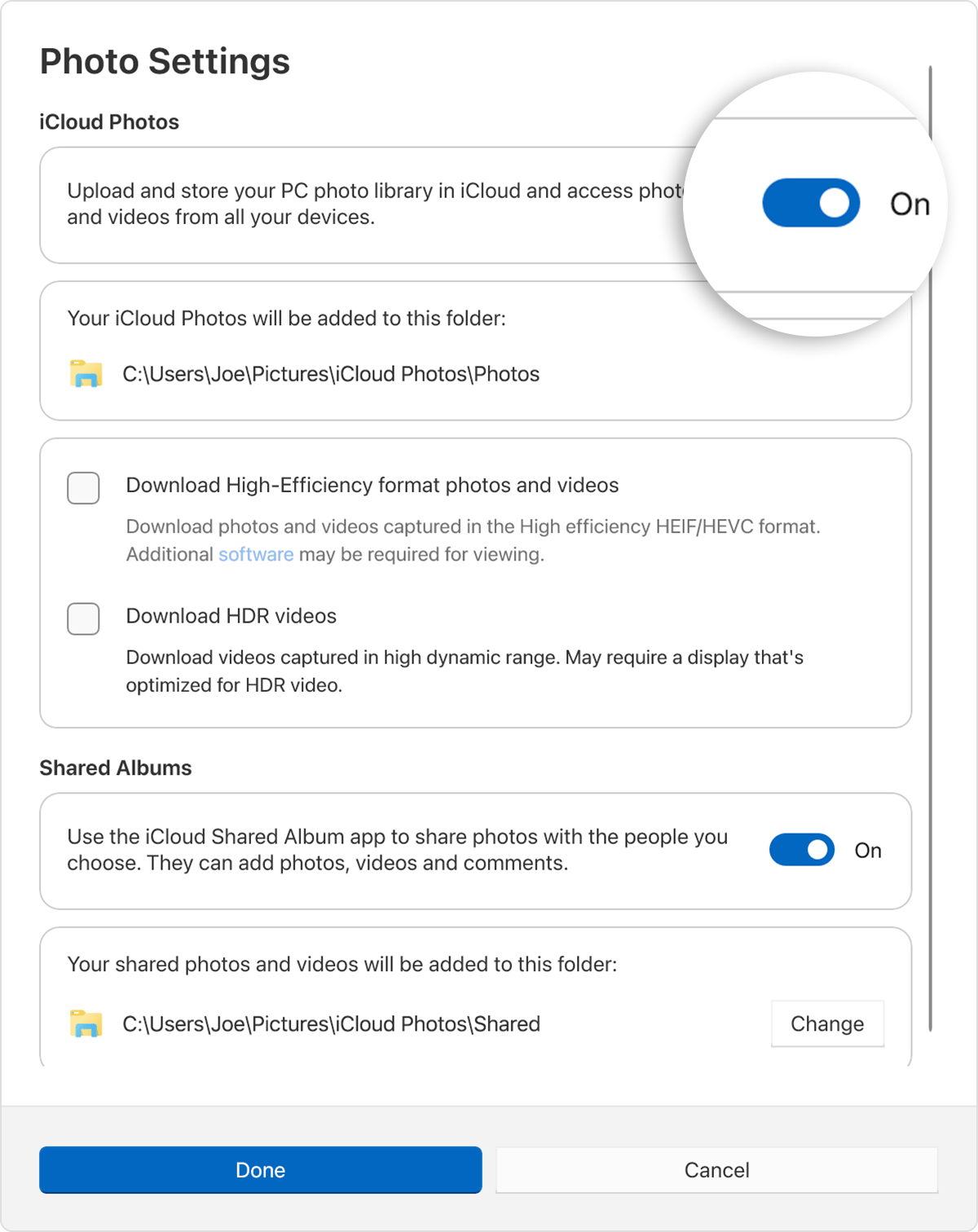 Ativar a opção abaixo das Definições de Fotografias, Fotografias em iCloud.