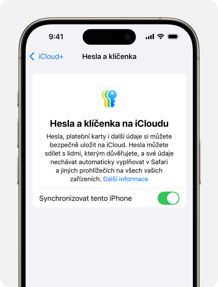 Klepnutím na Synchronizovat tento [zařízení] zapněte hesla a klíčenku na iCloudu na iPhonu, iPadu nebo Apple Vision Pro. 