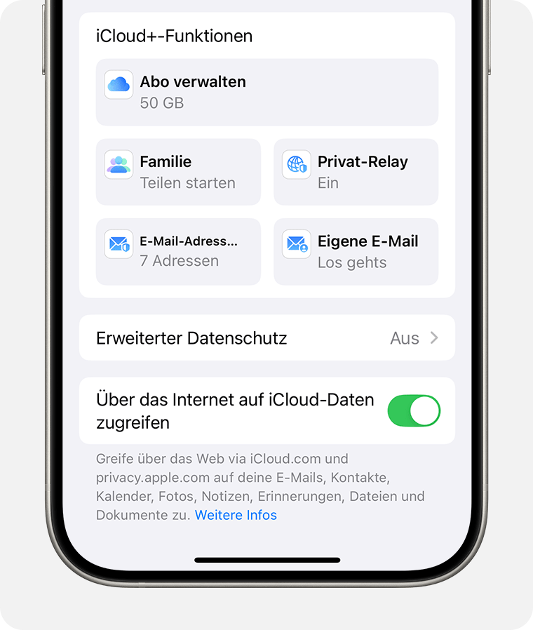 iPhone-Bildschirm, der zeigt, wie ein iCloud+-Plan verwaltet wird