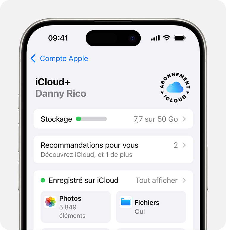 La section Stockage iCloud de l’app Réglages affichant des recommandations et des options de sélection des apps