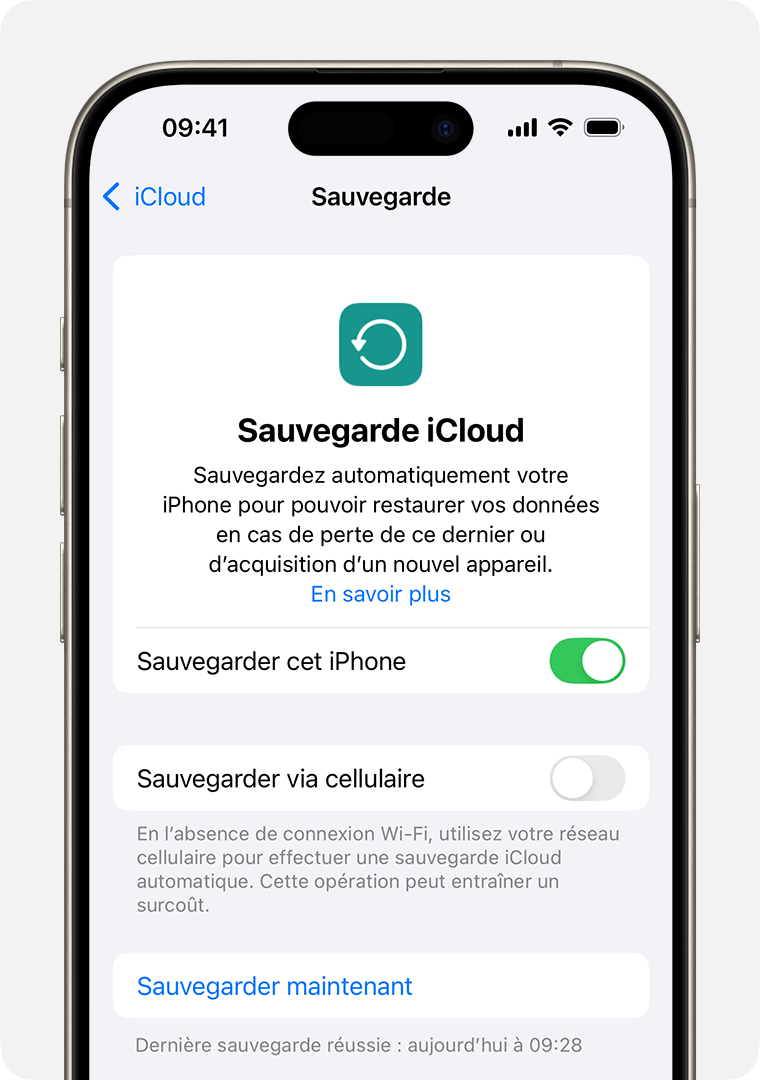 Un iPhone affichant l’option « Sauvegarder maintenant »