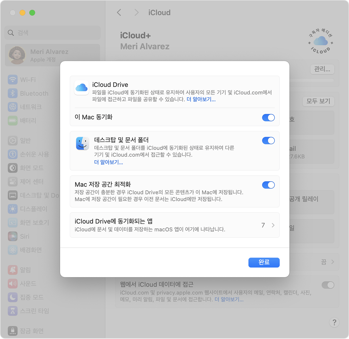 iCloud Drive와 데스크탑 및 문서 폴더가 켜져 있는 Mac 화면.