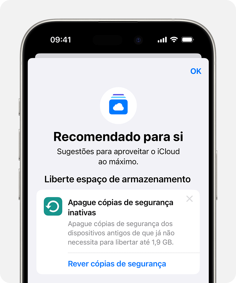 Ecrã do iPhone a mostrar as sugestões Recomendado para si nas definições do iCloud.