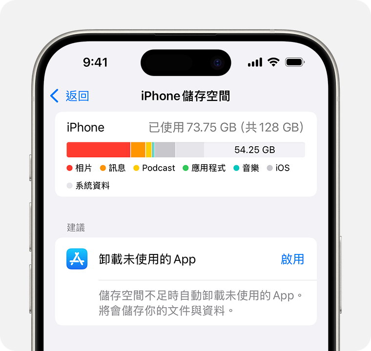 iPhone「設定」的「儲存空間」部分顯示「卸載未使用的 App」的建議