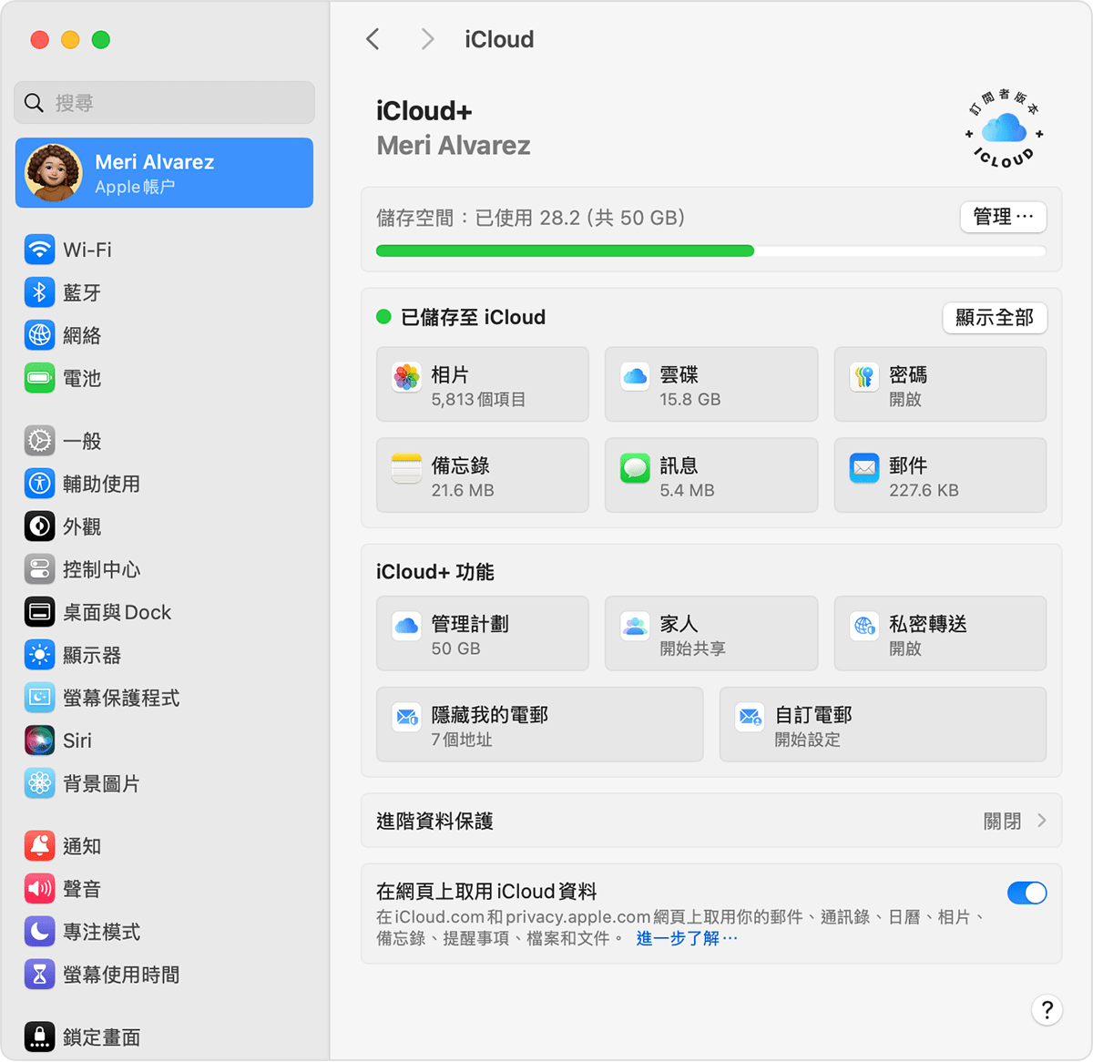 在 macOS 的 iCloud 設定，「雲碟」位於「已儲存至 iCloud」部分。