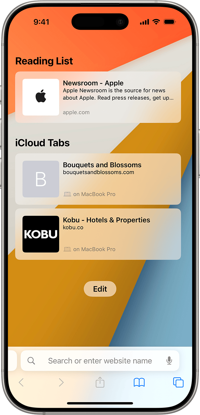 iPhone showing iCloud Tabs in Safari.