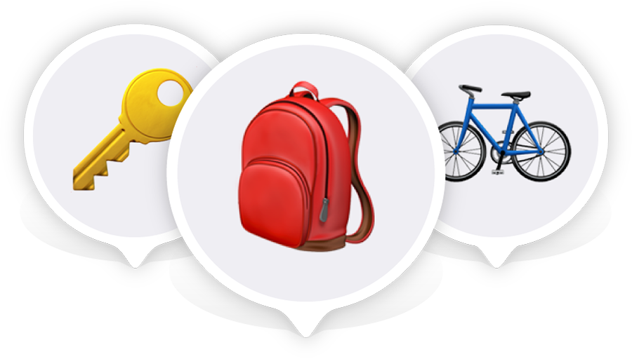 Emojis représentant une clé, un sac à dos et un vélo, chacun apparaissant dans une épingle de localisation