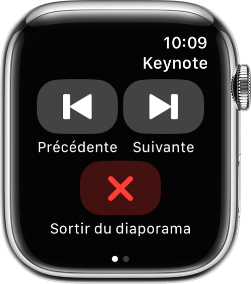 Les boutons Retour, Suivant et Quitter dans l’app Keynote sur une Apple Watch