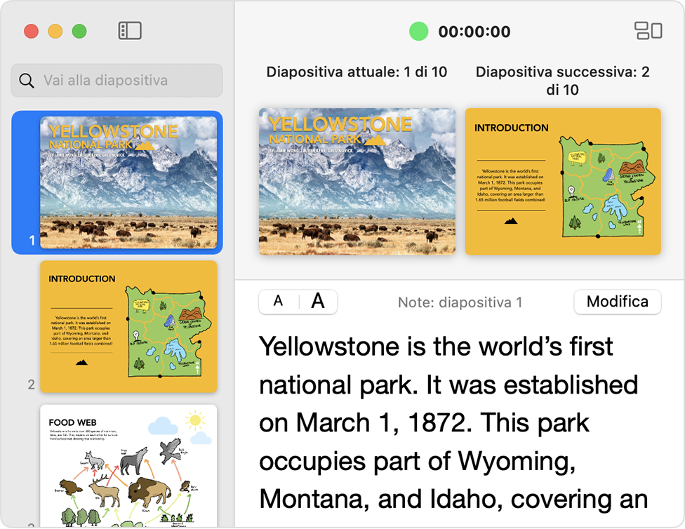 Finestra della visualizzazione presentatore in Keynote.