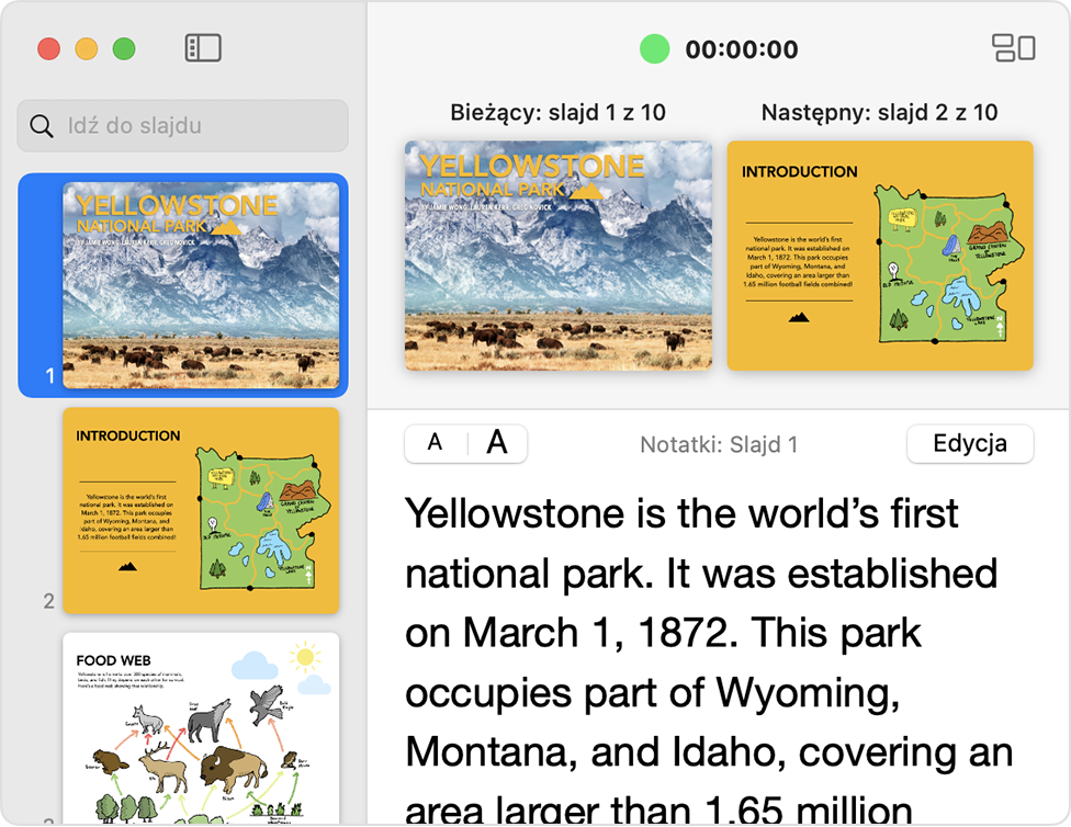 Okno ekranu prezentera w aplikacji Keynote.