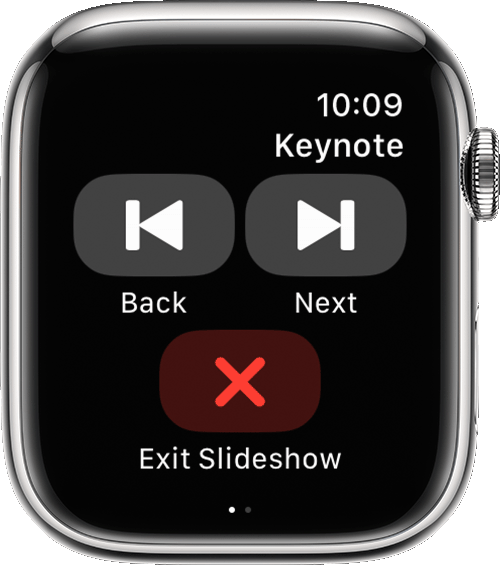 Back, Next, and Exit buttons in Keynote app on Apple Watch