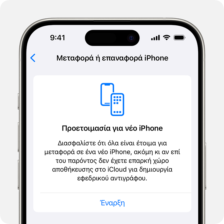 iPhone που εμφανίζει την οθόνη «Προετοιμασία για νέο iPhone»