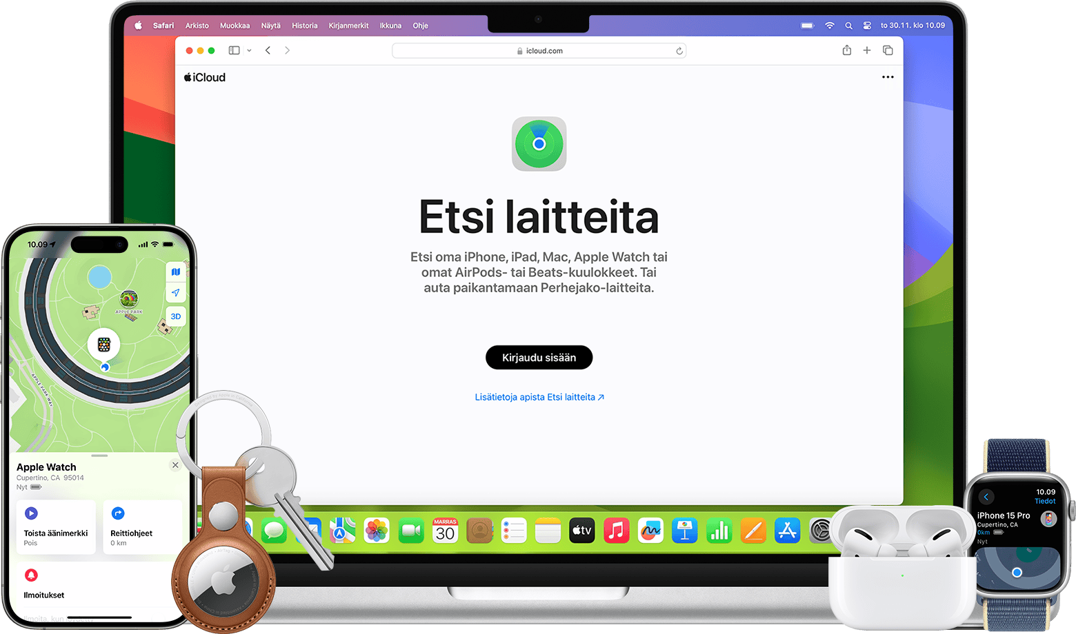 Voit etsiä AirTagin, iPhonen tai muun Apple-laitteen Etsi-apissa tai verkossa.