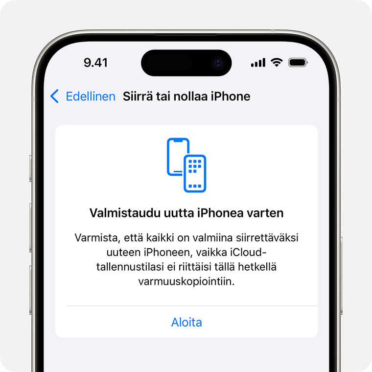 iPhone-laitteessa näkyvä Prepare for New iPhone (Valmistele uusi iPhone) -näyttö