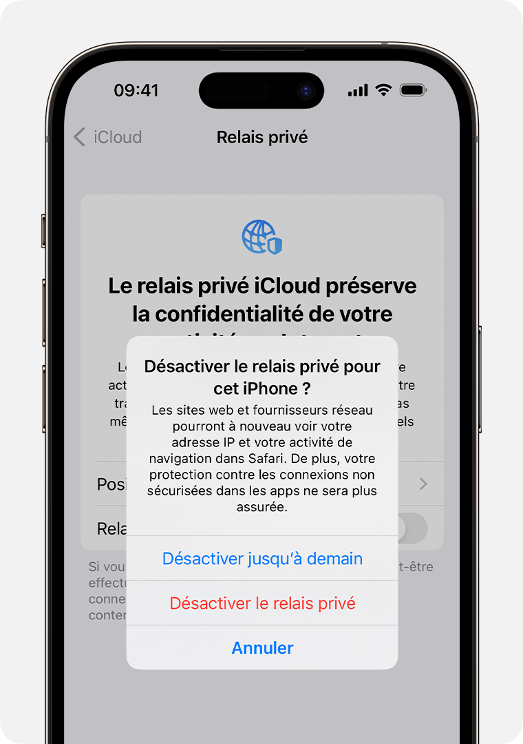 Lorsque vous désactivez le relais privé sur votre iPhone, vous recevez une alerte vous indiquant que votre adresse IP et votre activité de navigation dans Safari ne seront plus masquées.