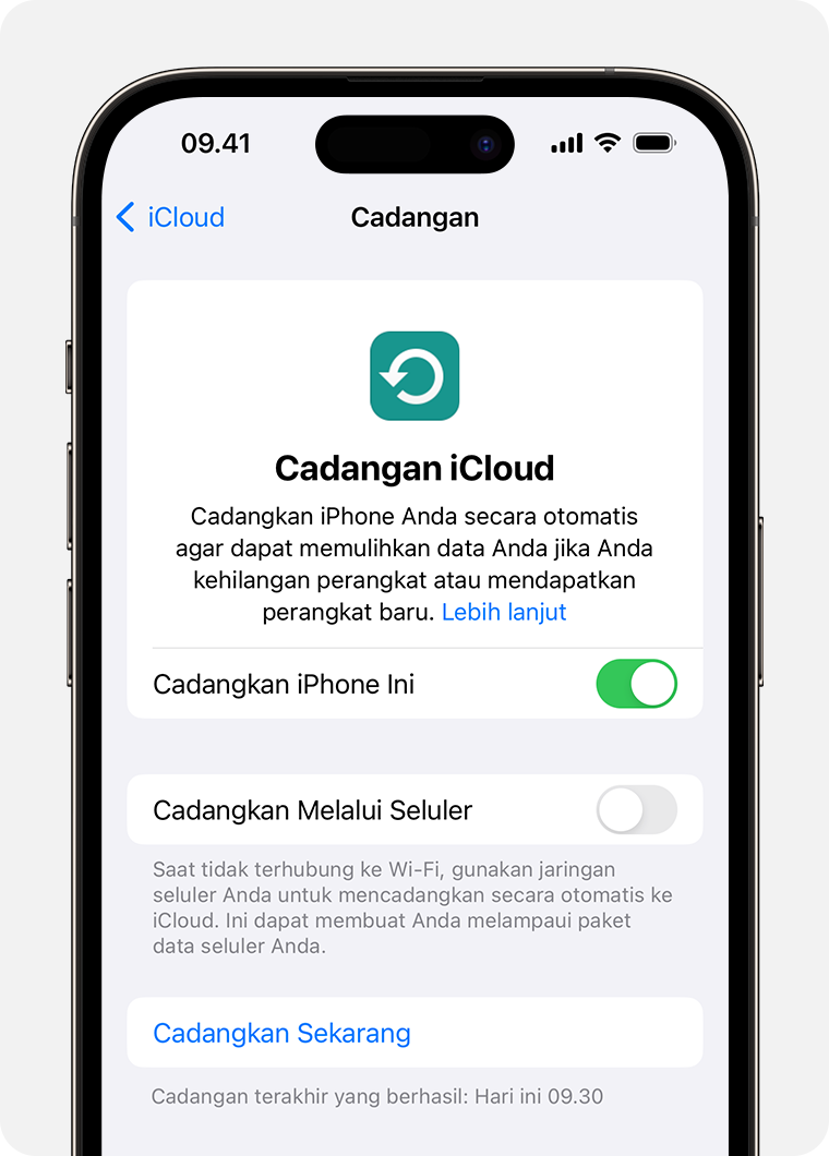 Gunakan Cadangan iCloud untuk mencadangkan data di iPhone yang belum diselaraskan ke iCloud.