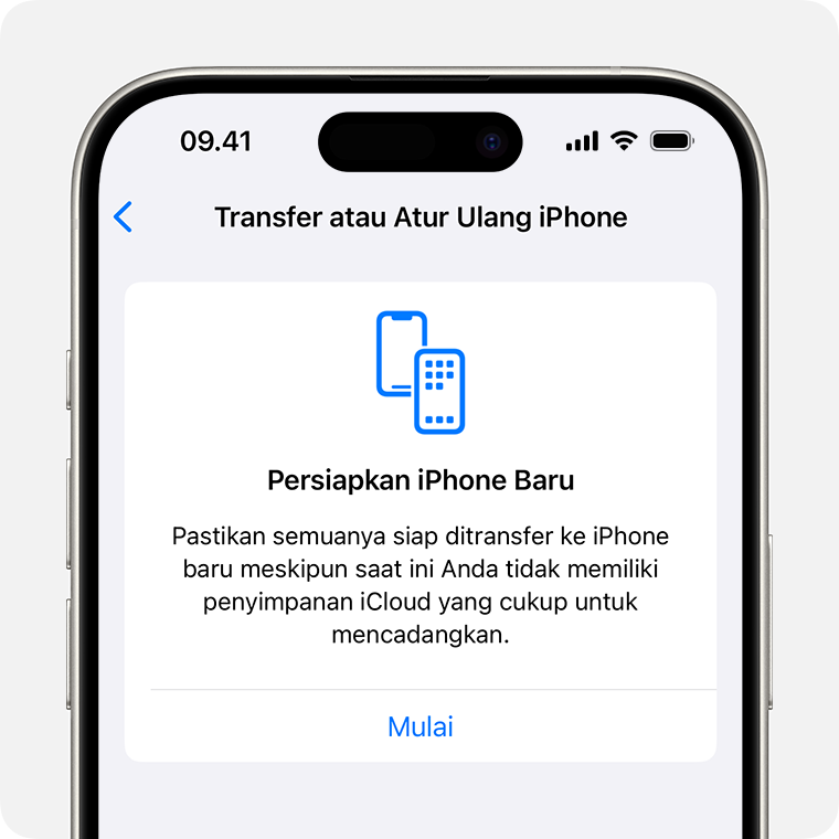 iPhone menampilkan layar Persiapkan iPhone Baru