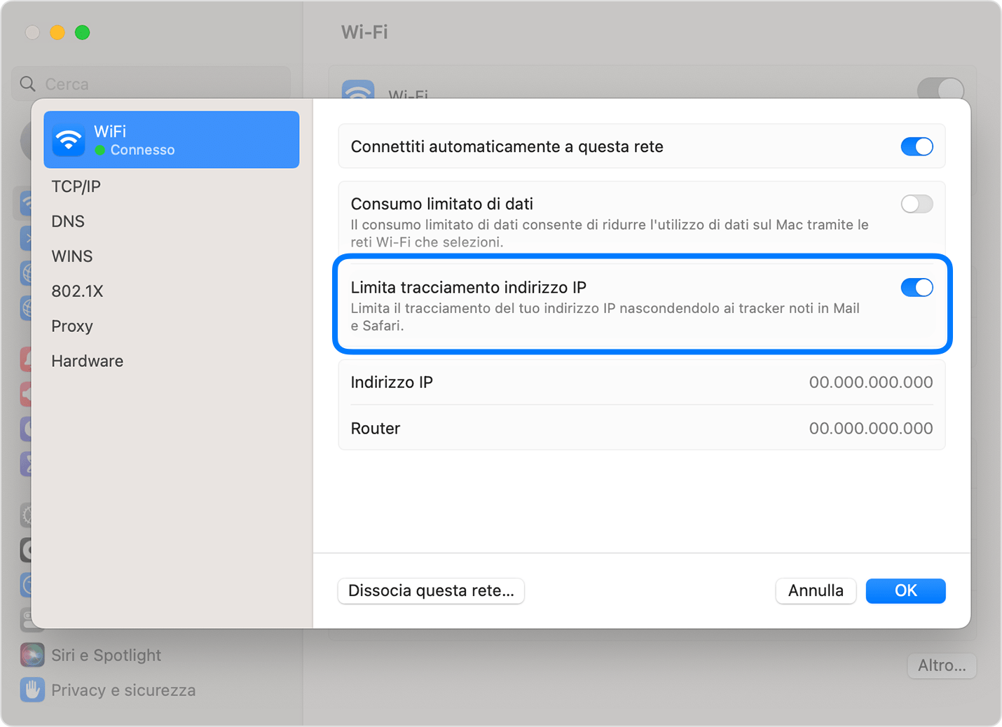 Disattivare il relay privato per una rete Wi-Fi specifica sul Mac