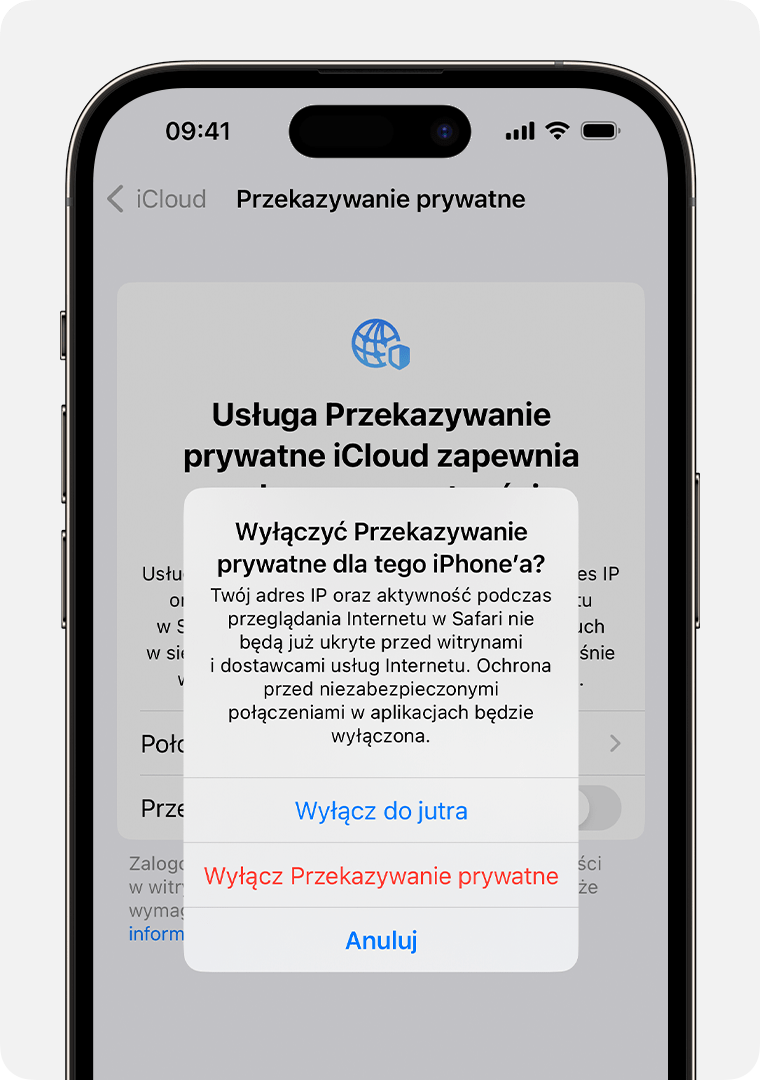 Po wyłączeniu usługi Przekazywanie prywatne na iPhonie pojawi się komunikat informujący, że Twój adres IP i aktywność przeglądania w Safari nie będą już ukryte.