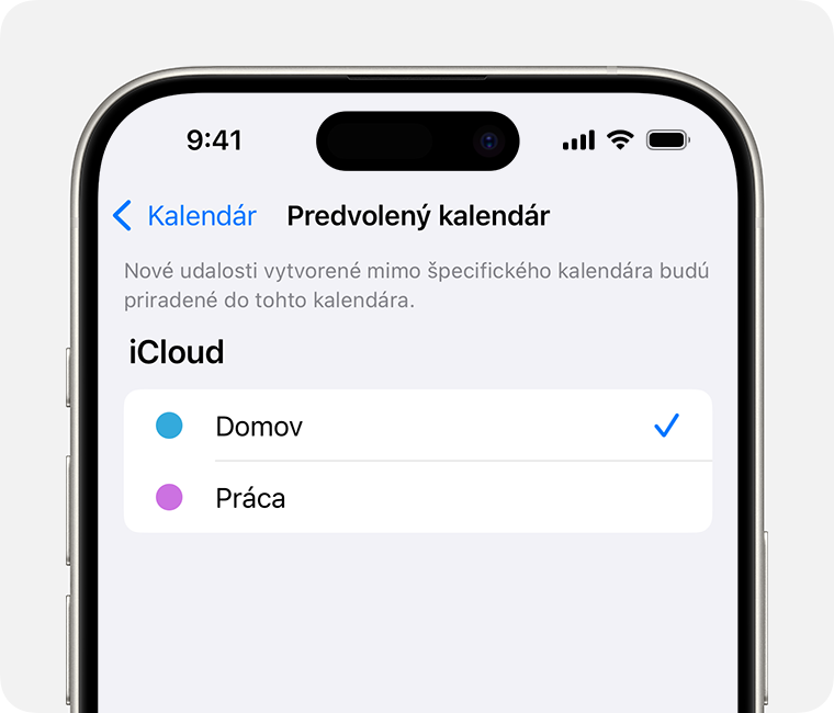 Obrazovka iPhonu zobrazujúca možnosť Osobný vybratú pre predvolený kalendár.