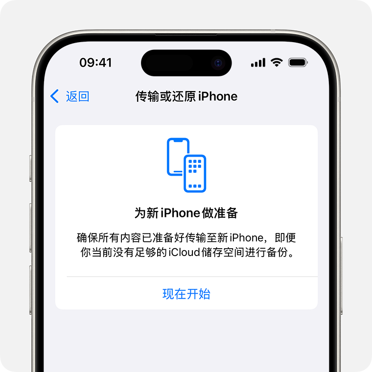 iPhone 上显示了“为新 iPhone 做准备”屏幕