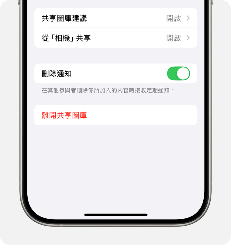 「離開共享圖庫」位於畫面底部。
