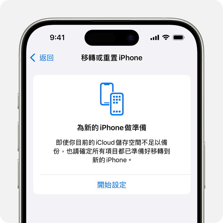 iPhone 顯示「為新的 iPhone 做準備」畫面