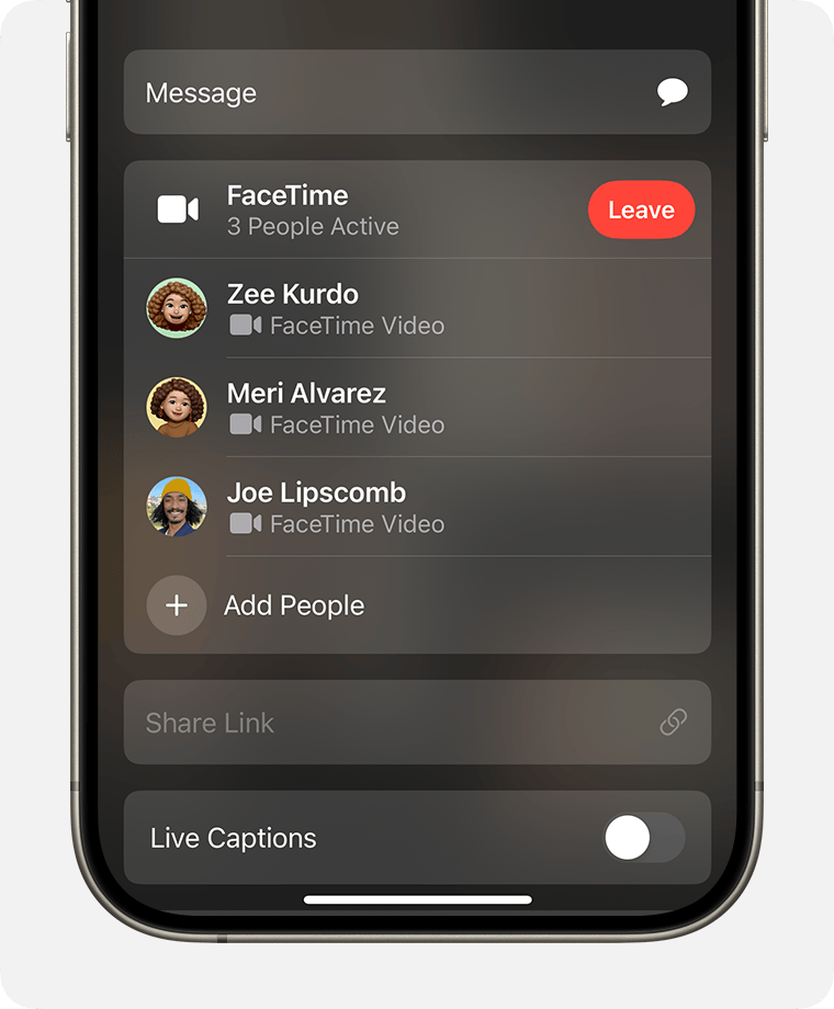 An iPhone displaying the FaceTime app. The Add People button is underneath the list of call participants.