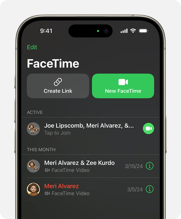 An iPhone displaying the FaceTime app. The FaceTime button is to the right of the active call, which is listed first.