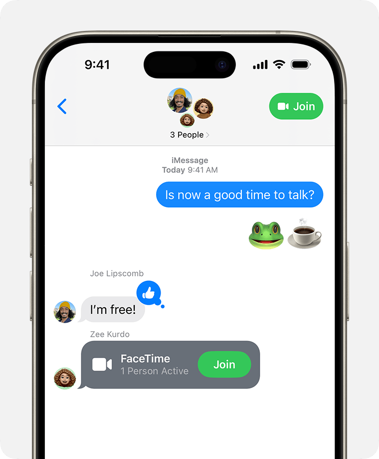 An iPhone displaying a group conversation in Messages where someone sent a link to join a FaceTime call. There is a Join button in the conversation and in the upper-right corner of the Messages app.