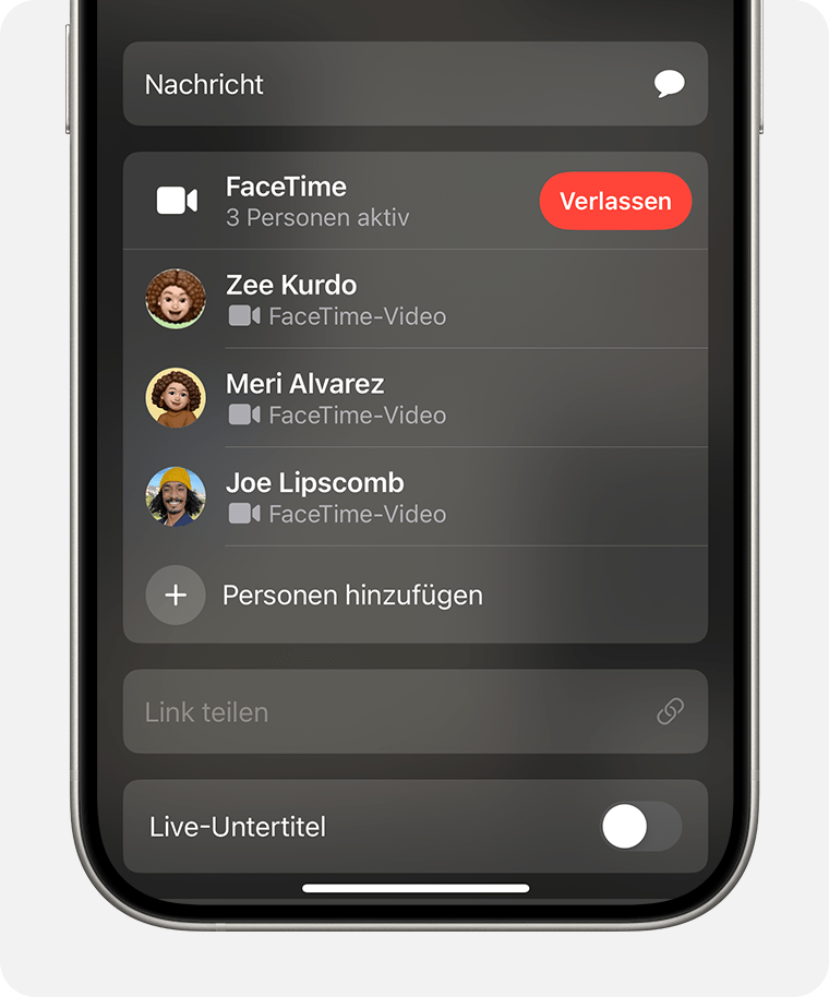 Ein iPhone, auf dem die FaceTime-App angezeigt wird. Die Taste „Personen hinzufügen“ befindet sich unterhalb der Liste der Anrufteilnehmer.