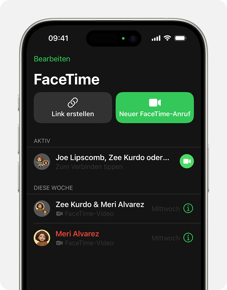 Ein iPhone, auf dem die FaceTime-App angezeigt wird. Die FaceTime-Taste befindet sich rechts neben dem aktiven Anruf, der zuerst aufgeführt wird.