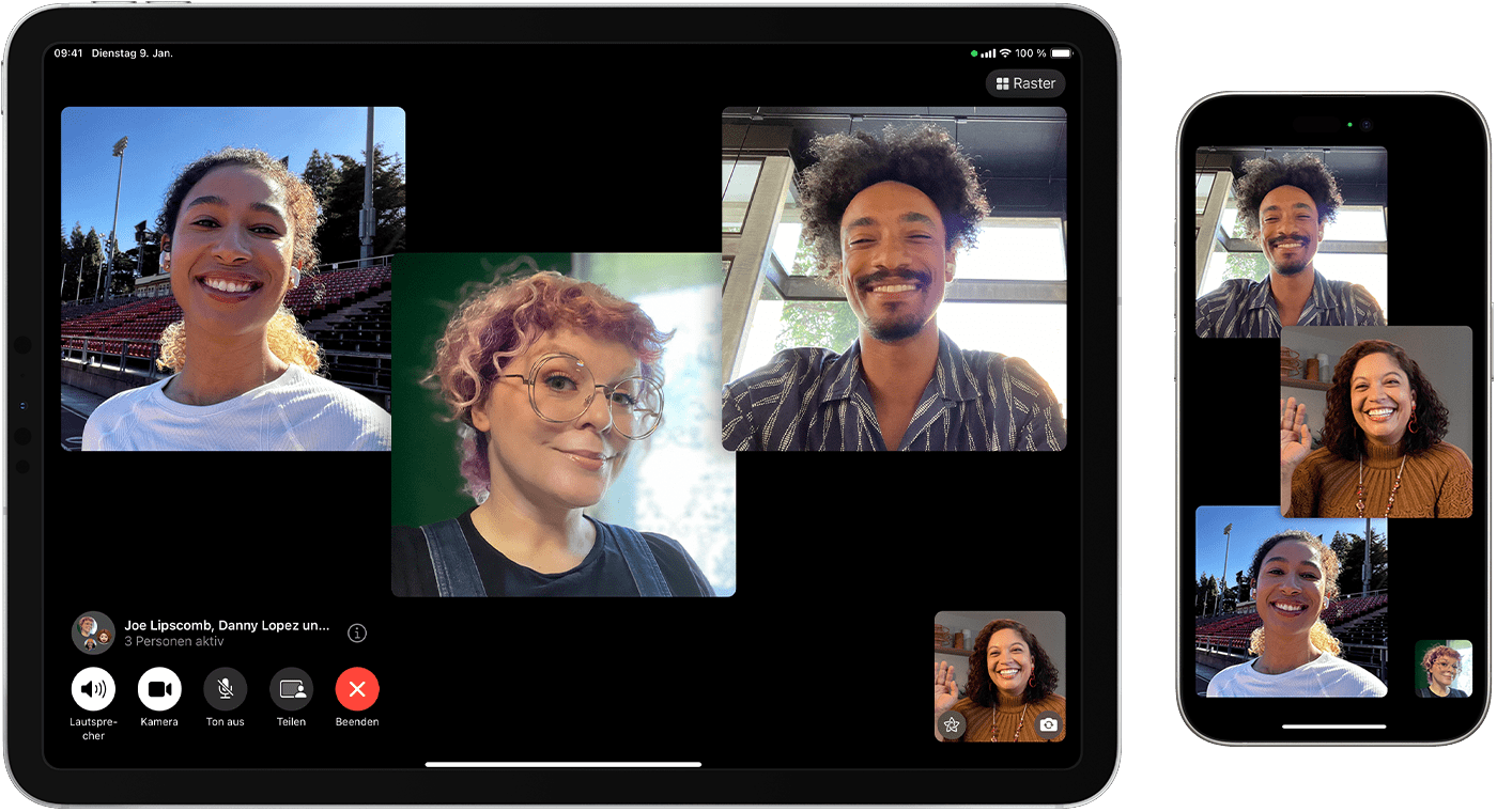 iPad und iPhone, die einen FaceTime-Gruppenaufruf anzeigen.