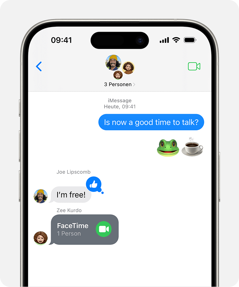 Ein iPhone, das eine Gruppenkonversation in Nachrichten anzeigt, bei der jemand einen Link gesendet hat, um an einem FaceTime-Anruf teilzunehmen. In der Konversation und in der oberen rechten Ecke der Nachrichten-App befindet sich die Taste „Beitreten“.