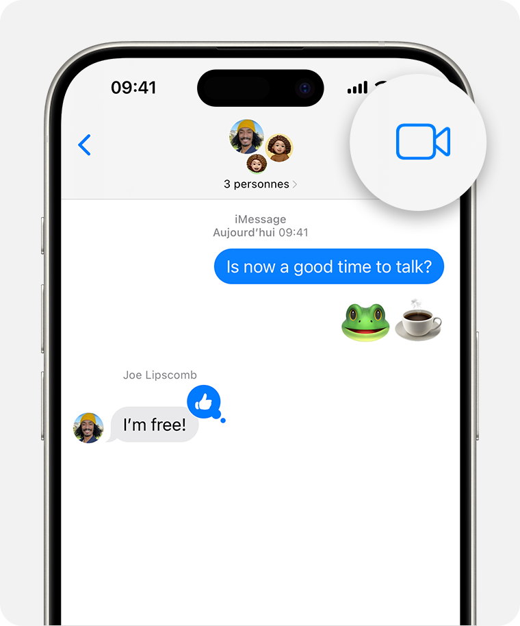 Un iPhone affichant une conversation Messages. Le bouton FaceTime se trouve dans l’angle supérieur droit de l’écran.