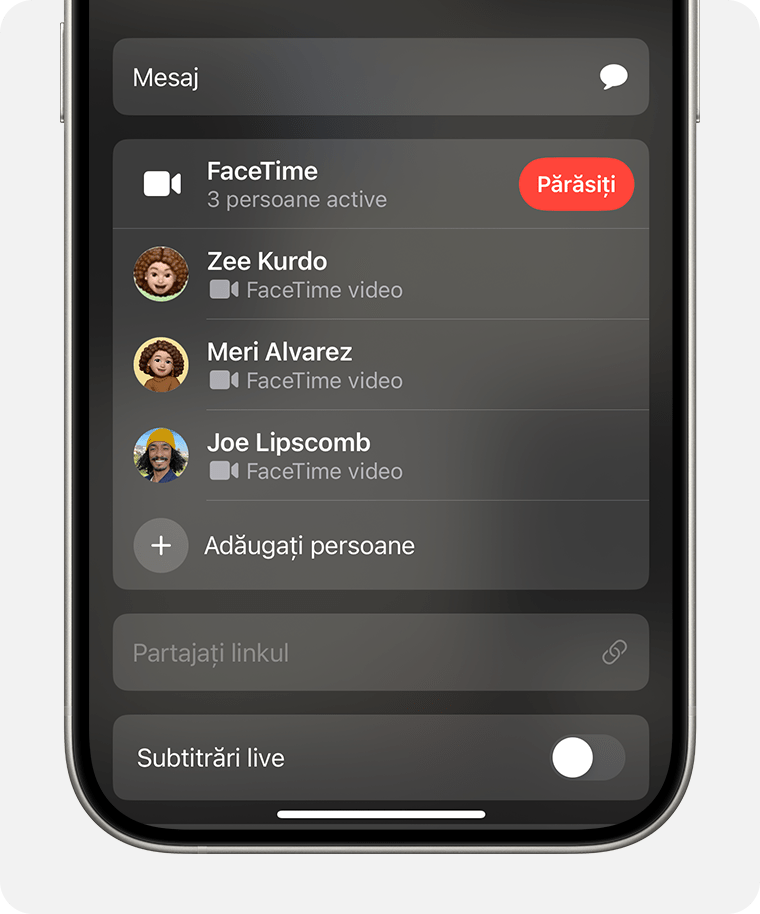 Un iPhone care afișează aplicația FaceTime. Butonul Adăugați persoane se află sub lista participanților la apel.