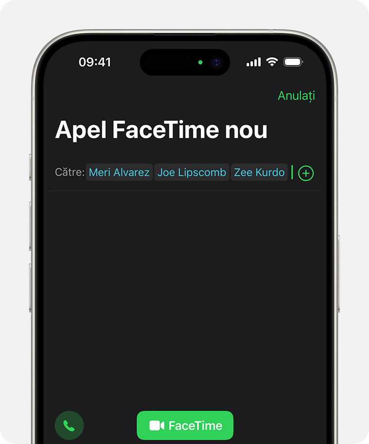 Un iPhone care afișează ecranul pe care se aleg participanții pentru a-i invita la un apel FaceTime. Butonul Audio sau FaceTime se află în partea de jos a ecranului, deasupra tastaturii.