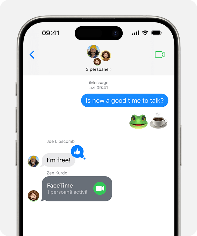 Un iPhone care afișează o conversație de grup în Mesaje, în care cineva a trimis un link de participare la un apel FaceTime. În conversație și în colțul din dreapta sus al aplicației Mesaje este disponibil butonul Participă.