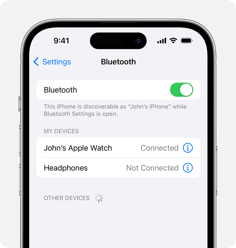 iPhone displaying the Bluetooth menu in Settings.