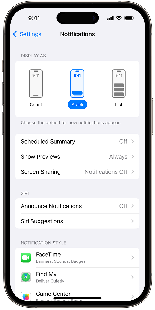 In Settings > Notifications, you can choose how you want your notifications to be displayed – as a count, as a stack or as a list.