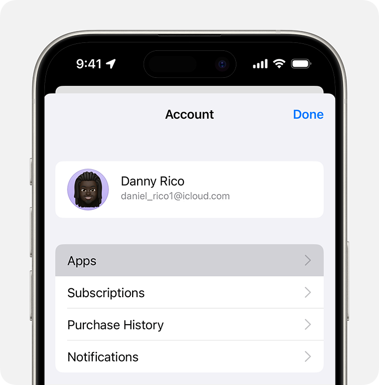 App Store on iPhone showing the Account screen, with Apps highlighted