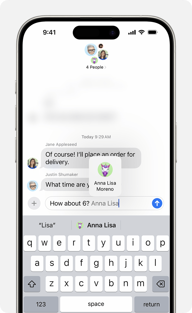 iPhone showing how to send a mention in a text message. Type @ followed by their name.