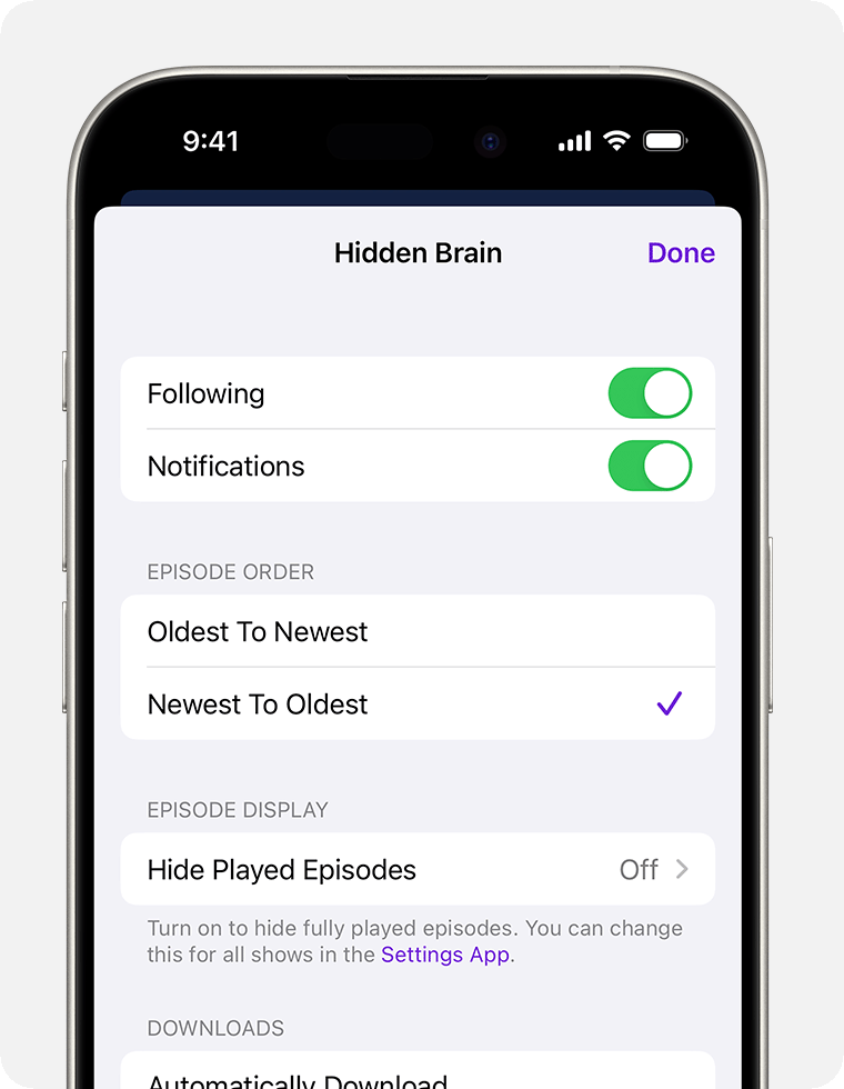 On an iPhone, the settings screen for a specific podcast. The first option is a Following toggle, then a Notifications toggle. After those, there are the Episode Order options. The first is Oldest To Newest, and the second is Newest to Oldest, which is selected.