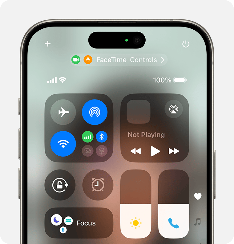 iPhone displaying the Control Center. The FaceTime Controls button is at the top of the screen.