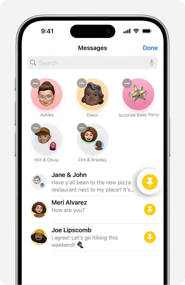 In Messages, use the pin icon to choose which conversations to keep at the top of your conversations page.