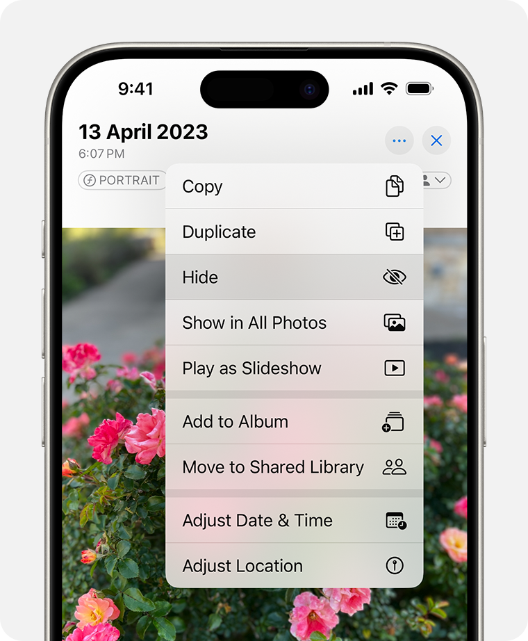 Drop-down menu highlighting the Hide feature for a photo.