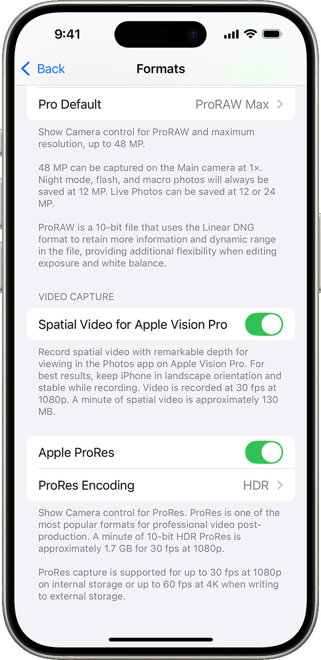 An iPhone showing settings for Camera Formats