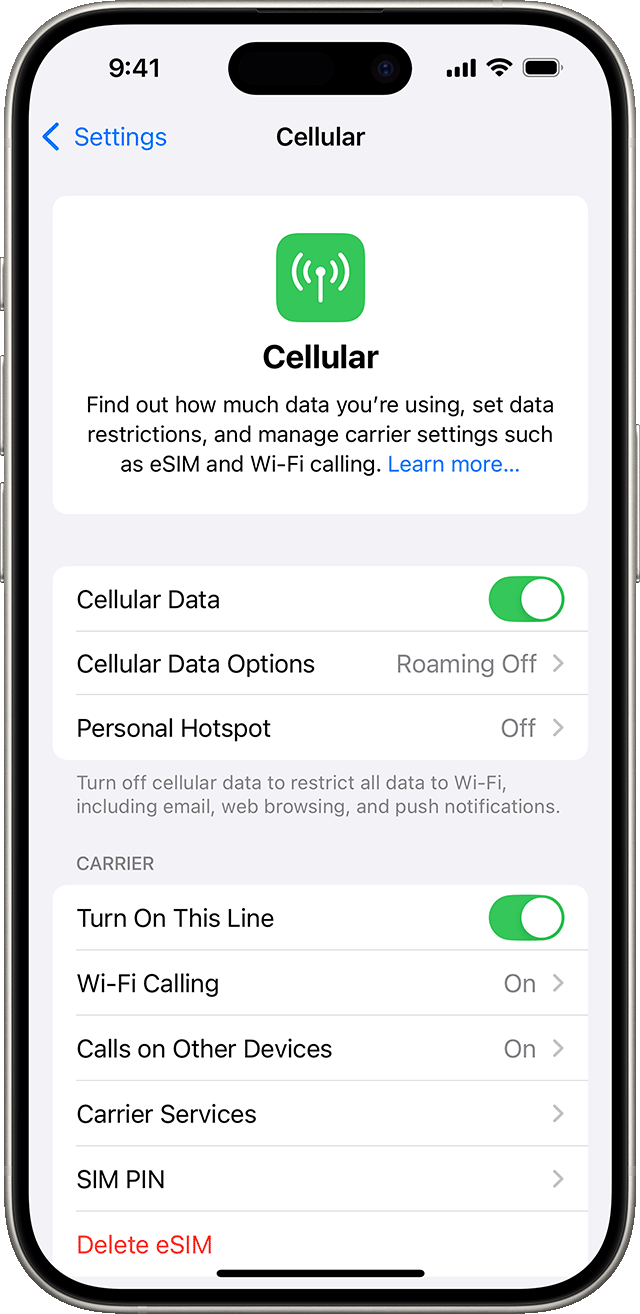 Menu des réglages d’iOS 18 présentant les options cellulaires